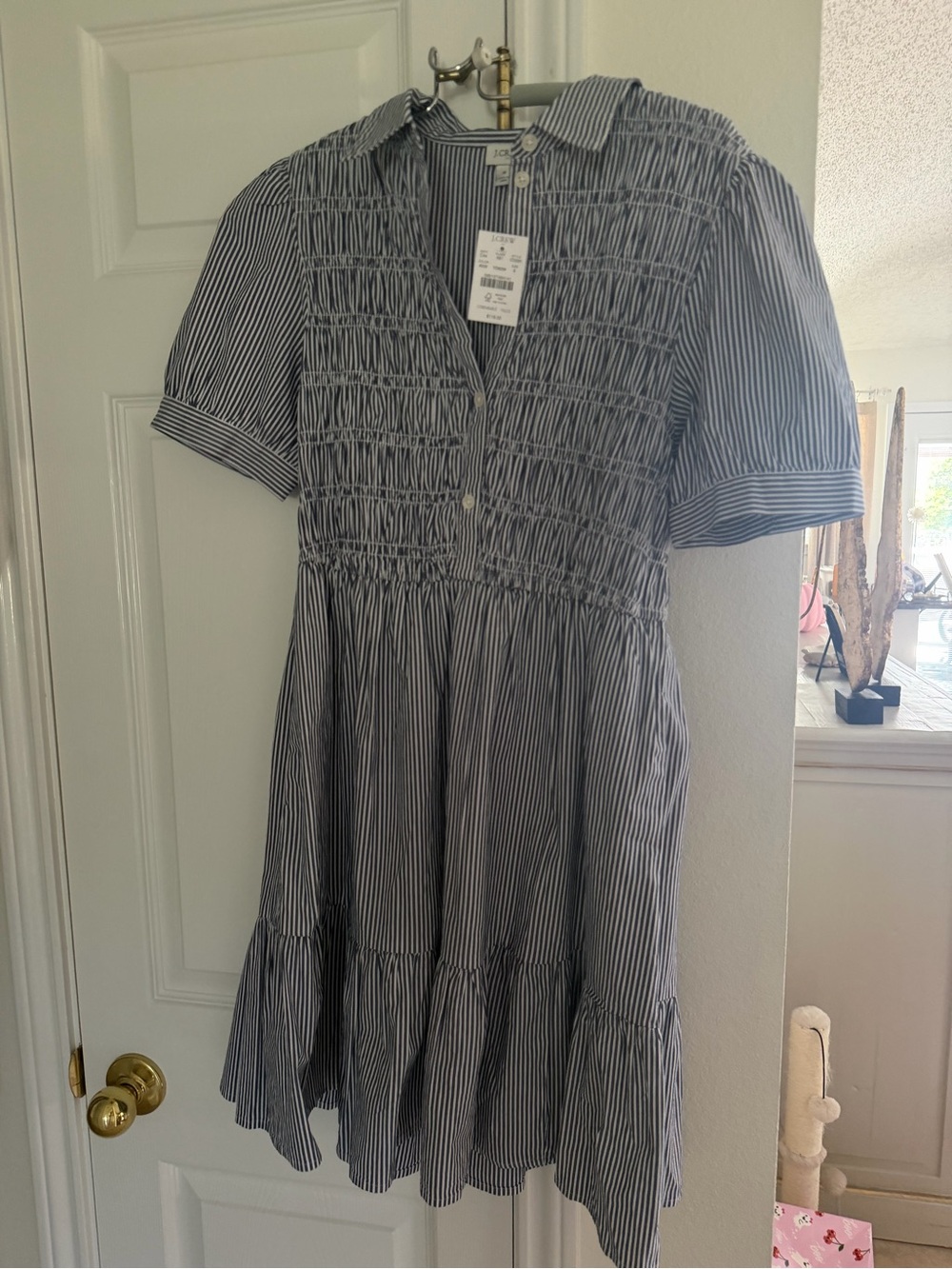 women’s J. Crew Blue & White Striped Smocked Tiered Dress